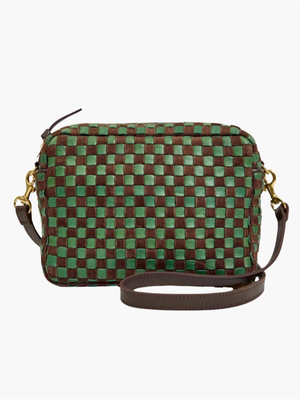 NEW CLARE V. women's midi sac suede woven checker crossbody bag in deep pine/cho